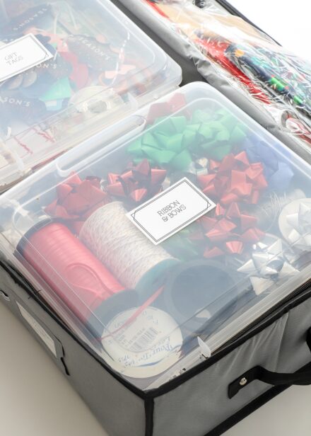 Ribbons and bows stored in a plastic tote