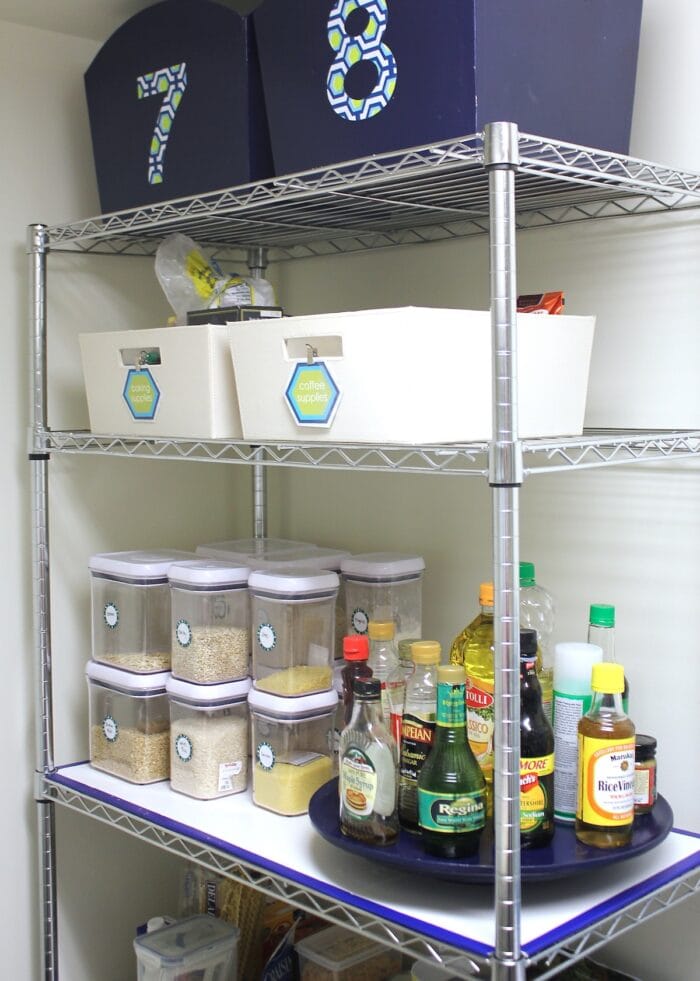 A wire shelf used as a pantry