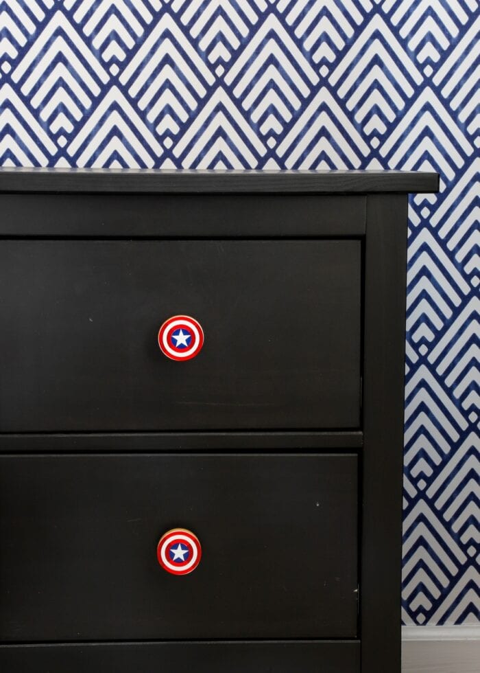 Black nightstand with superhero dresser knobs
