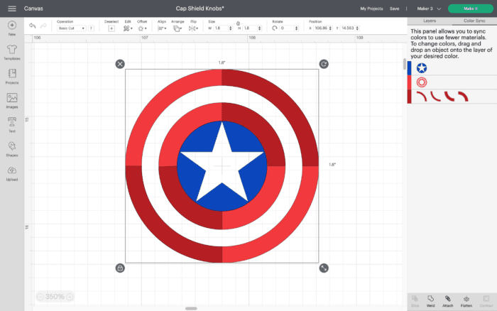 Cricut Design Space Screenshot of Captain America shield