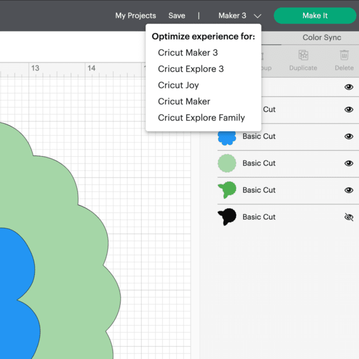 Cricut Design Space screenshot of machine selection