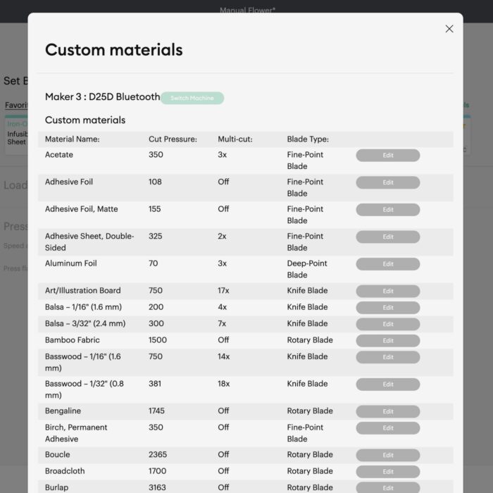 Cricut Design Space screenshot of Custom Materials specifications