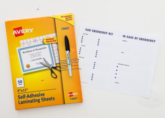 Car Emergency Kit Checklist shown with Avery Shelf-Laminating Sheets
