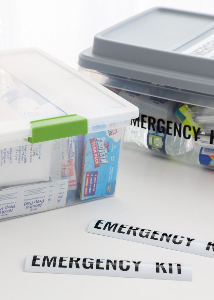 Plastic box shown with car emergency supplies and vinyl labels