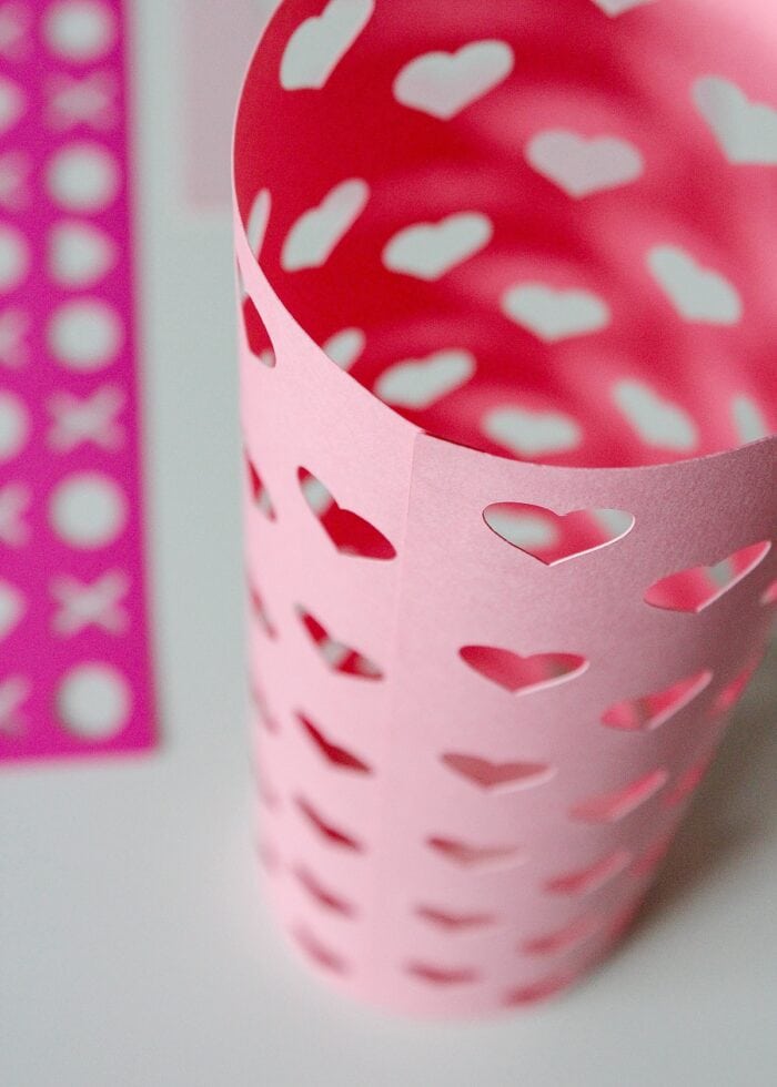 Paper Valentines vase taped together and standing up