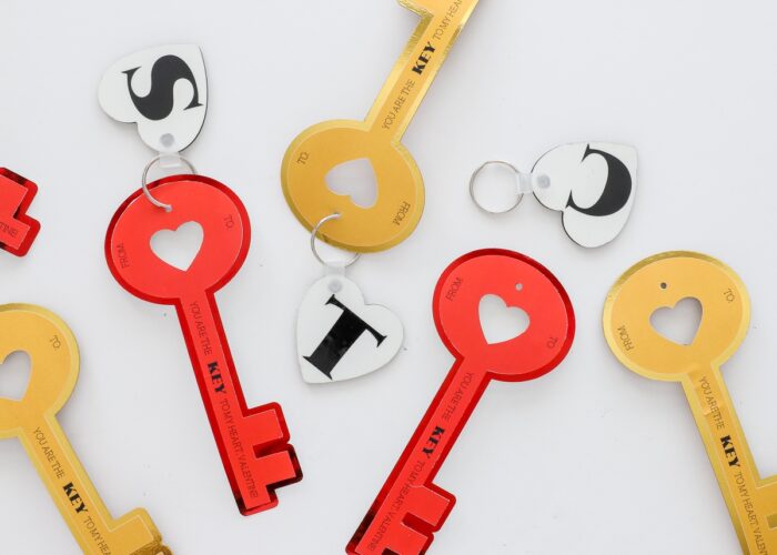 Red and gold paper keys on Valentine keychains