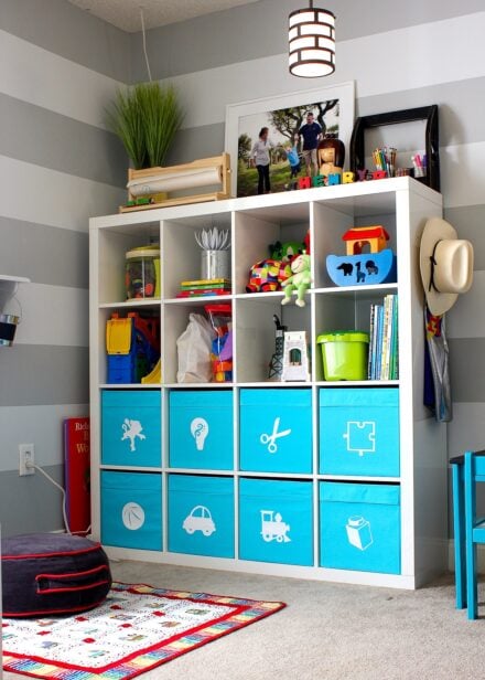 IKEA Kallax Shelves in a playroom loaded with turquoise baskets full of toys