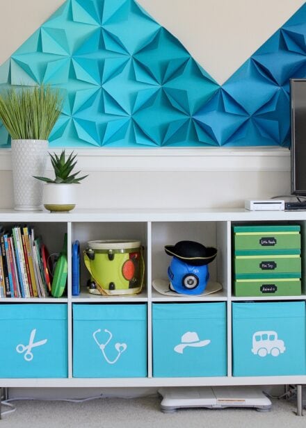 IKEA Kallax Shelves in a playroom loaded with turquoise baskets full of toys