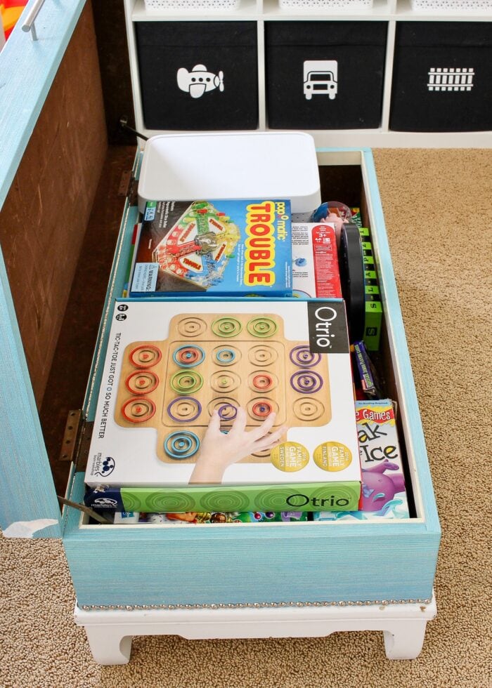 Board games stored in a trunk