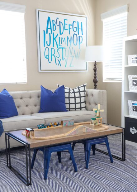 A navy blue, black, and white playroom