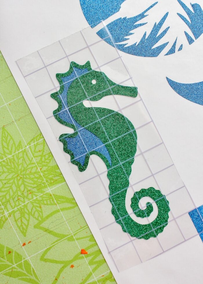 Glitter vinyl seahorse layered with transfer tape
