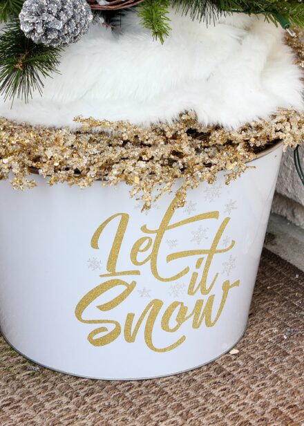 White bucket with glitter vinyl words on the front