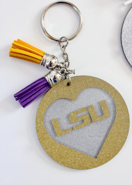 LSU Keychain made from glitter vinyl and a Cricut