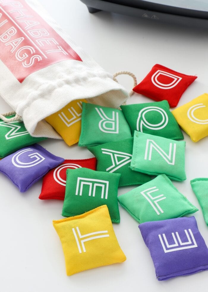 Alphabet bean bags made with Cricut Iron-On Vinyl and EasyPress 3