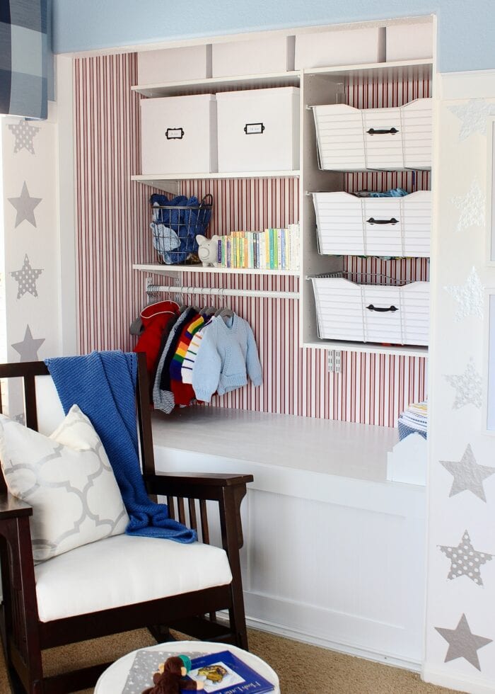 Red, white, and blue nursery closet