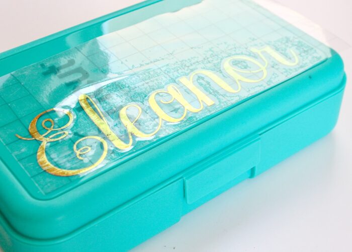 Holographic vinyl decal on a pencil box with transfer tape