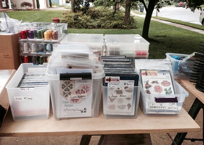 Tables of craft supplies at a craft sale