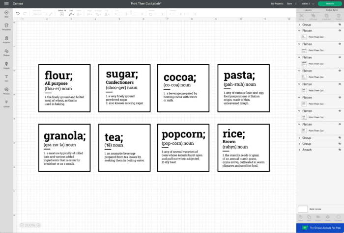 Screenshot of pantry labels in Cricut Design Space