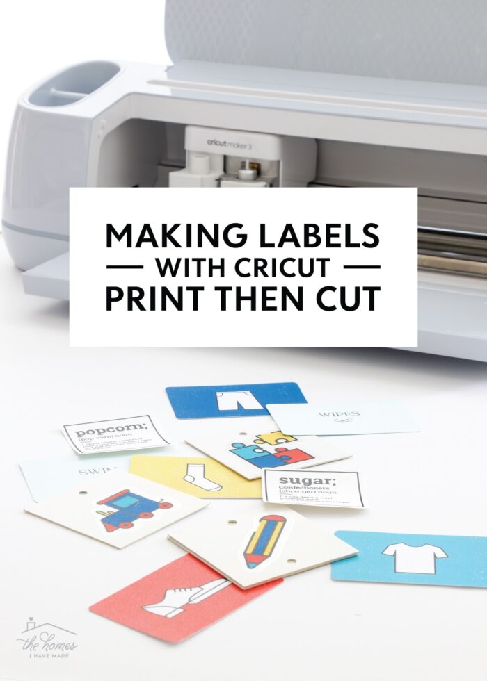 A set of colorful labels made with Cricut Print Then Cut shown alongside Cricut Maker 3