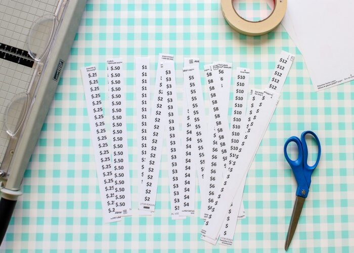 Printable Garage Sale Price Tags on a blue checkered background