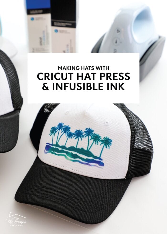 Two black trucker hats made with Cricut Hat Press & Infusible Ink Transfer Sheets