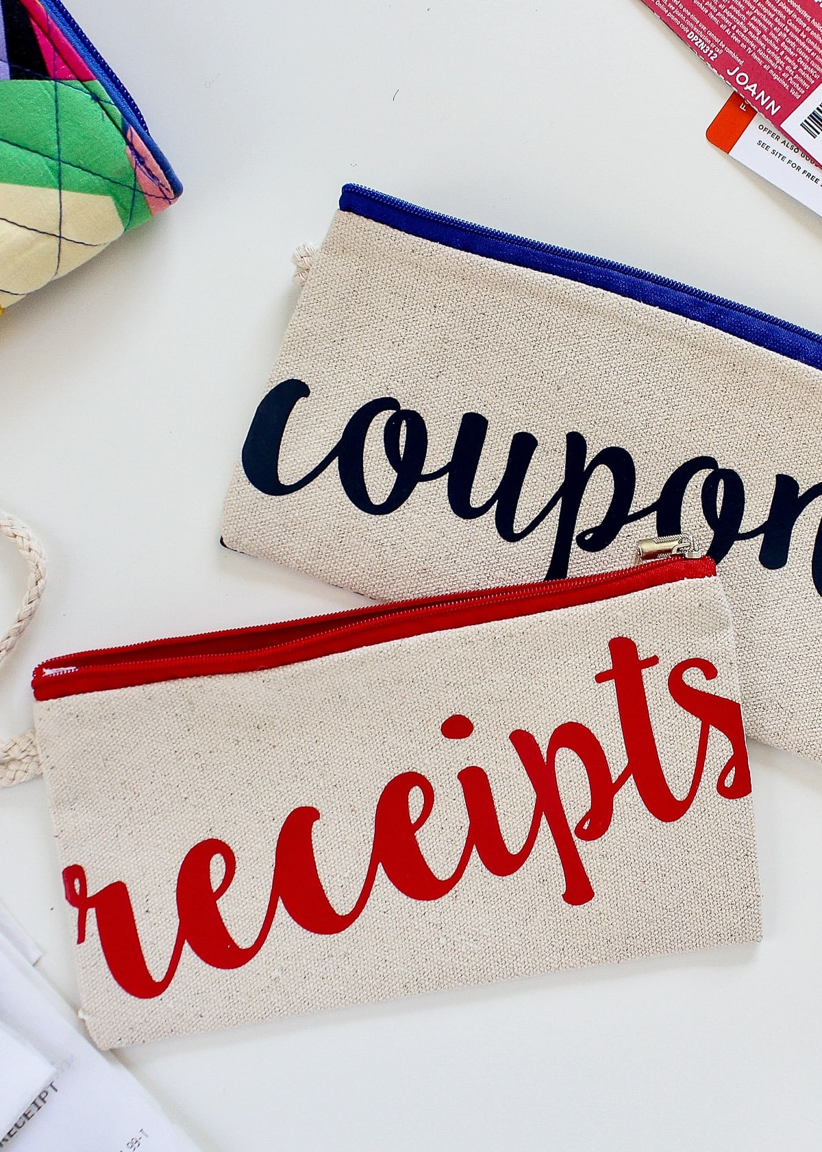 Coupon and receipt pouches with iron-labels made with a Cricut