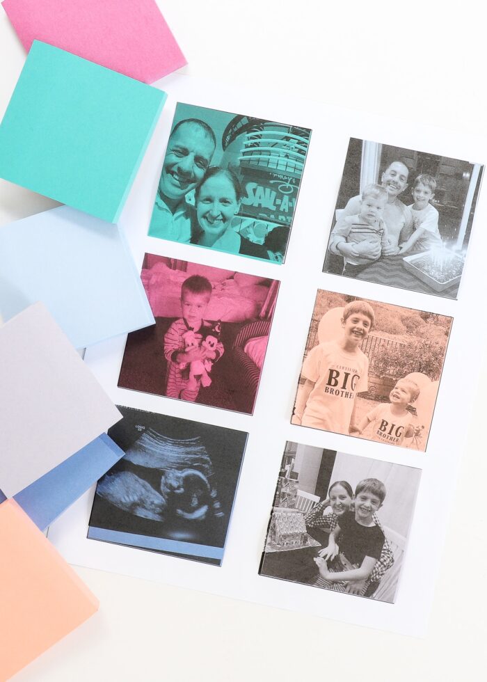 Black-and-white photos printed onto Post-It Notes