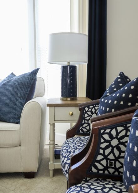 Navy blue lamp on a white side table