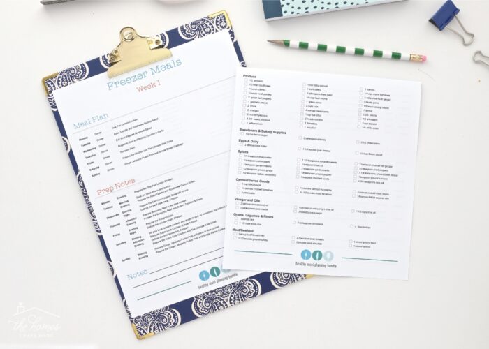 A blue clipboard showing pre-made meal plans printed onto white paper
