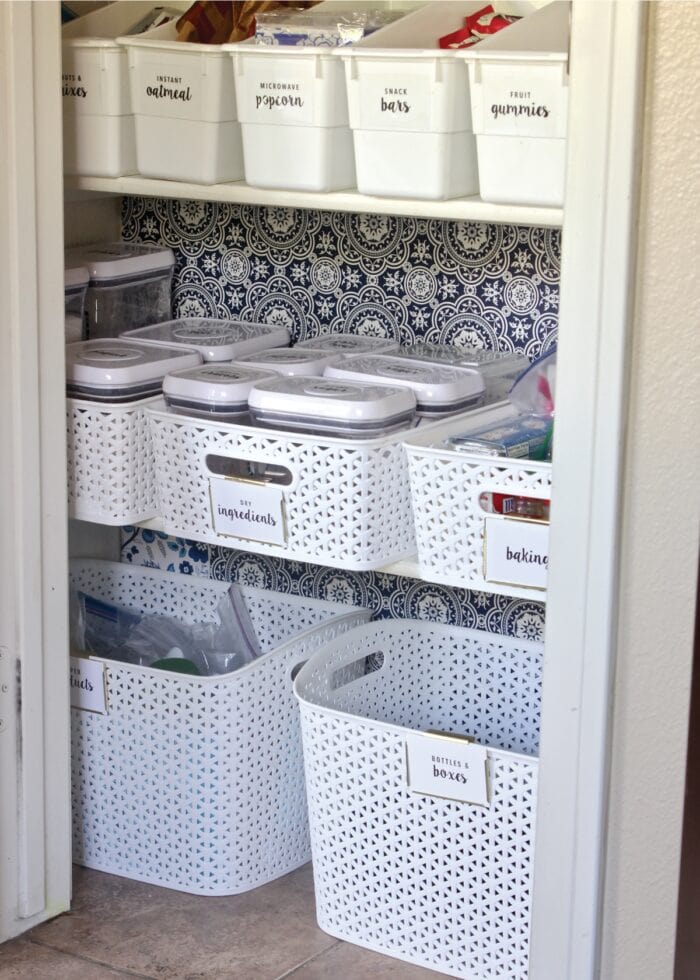 Printable Pantry Labels on white pantry containers and baskets