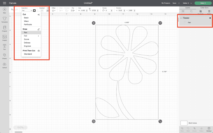 Screenshot of Cricut Design Space showing a Flower
