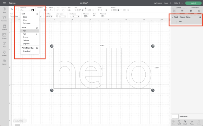 Screenshot of Cricut Design Space showing a "hello"
