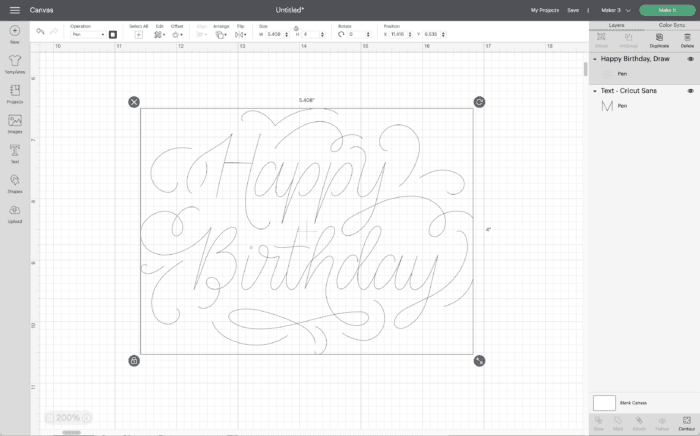 Screenshot of Cricut Design Space showing "Happy Birthday" graphic