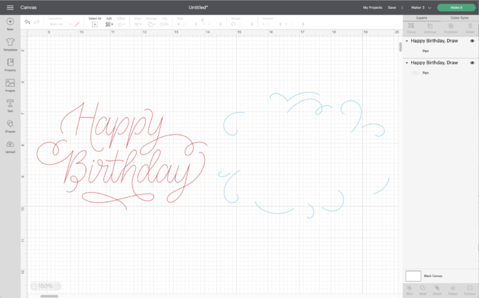 Screenshot of Cricut Design Space showing "Happy Birthday" graphic