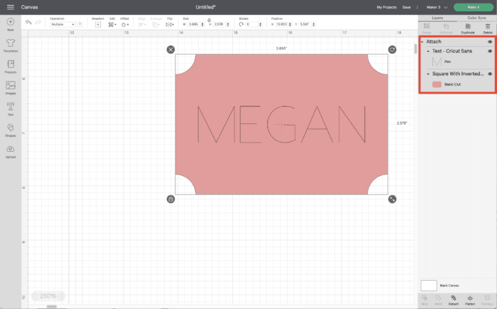 Screenshot of Cricut Design Space showing a label with text on it