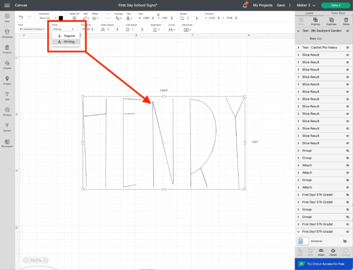 Cricut Design Space Screenshot - Writing Style