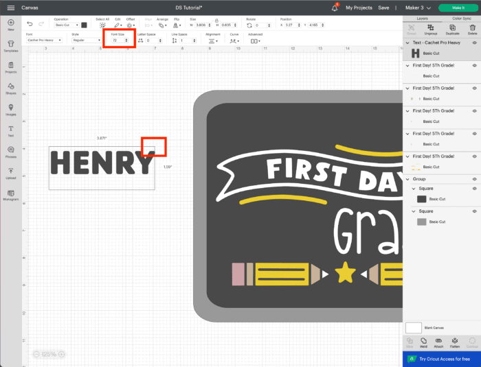 Cricut Design Space Screenshot - Resize Font