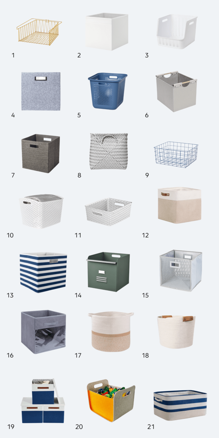 Collage of IKEA Kallax bins and baskets