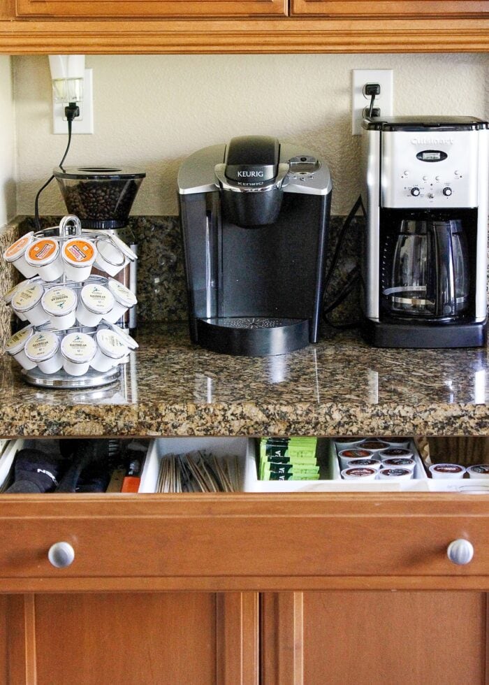Coffee station with open drawer underneath