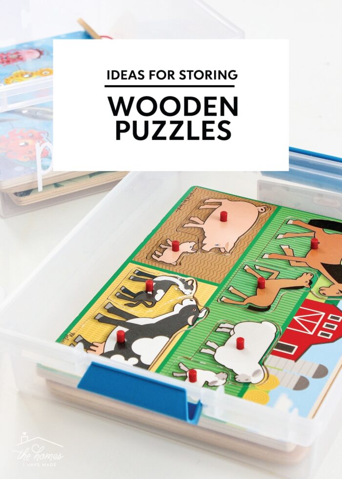 Wooden puzzles stacked inside a Large Sterilite bin