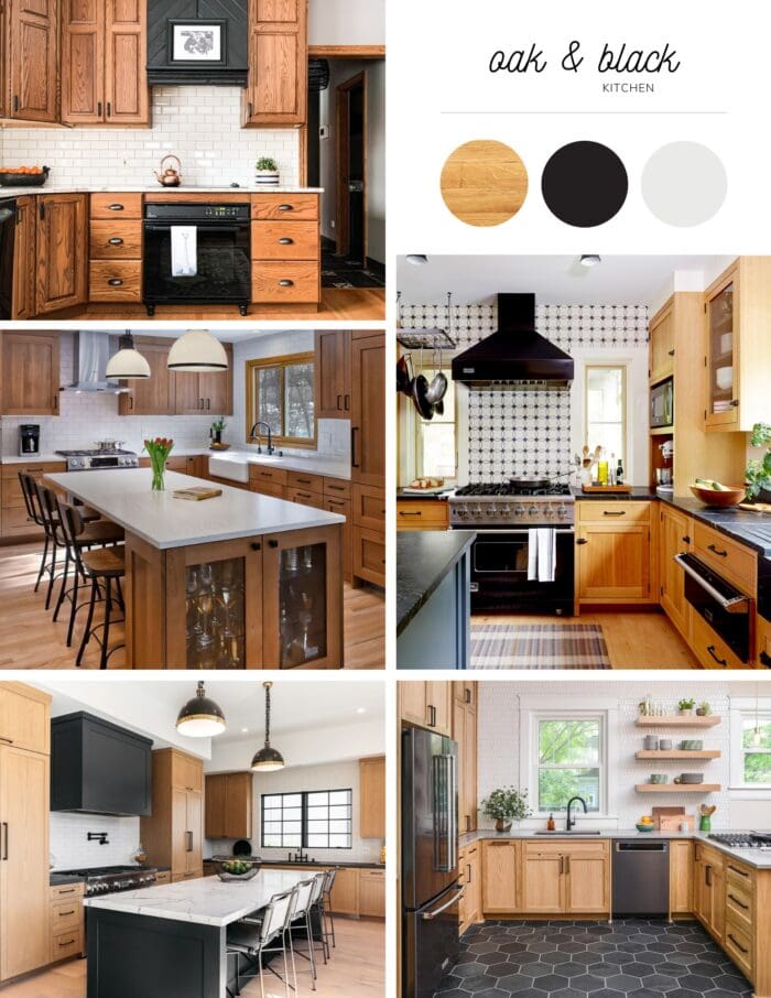 Mood board of kitchen color schemes for oak cabinets - white