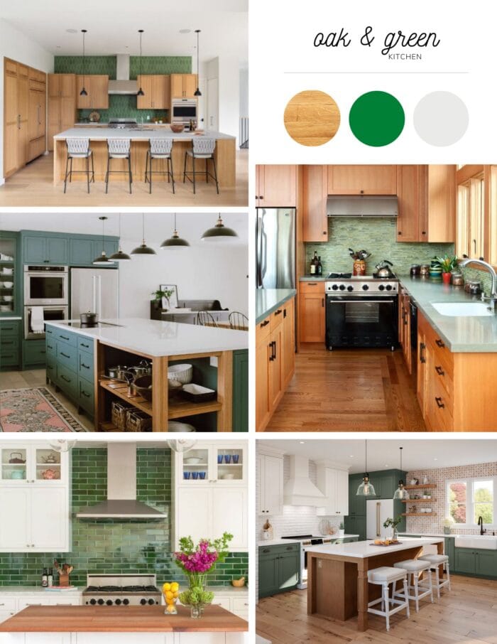 Mood board of kitchen color schemes for oak cabinets - white