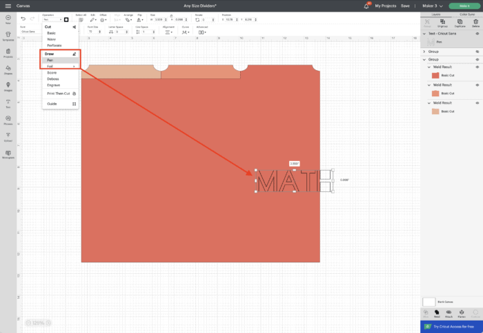 Cricut Design Space Screenshot - Tabbed Dividers