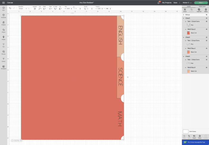 Cricut Design Space Screenshot - Tabbed Dividers
