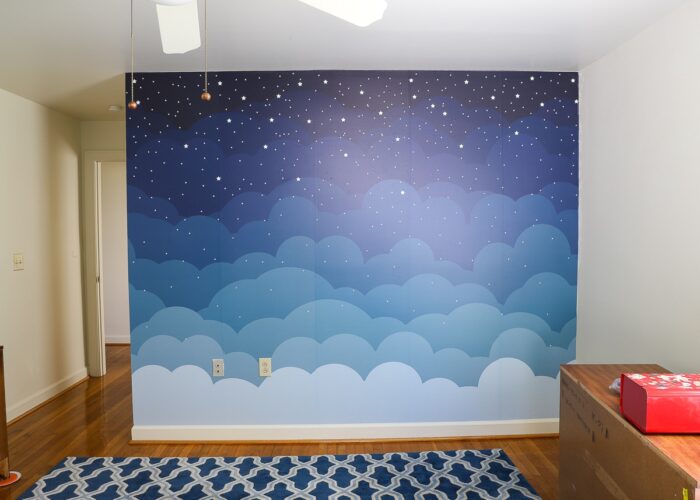 Cloud mural from Artsy Decal hung on wall