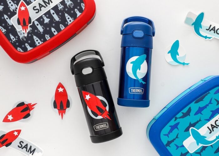 Waterproof stickers on water bottles and lunch boxes
