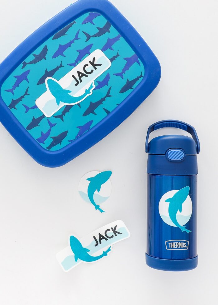 Shark Waterproof stickers made with a Cricut on blue water bottle and lunchbox