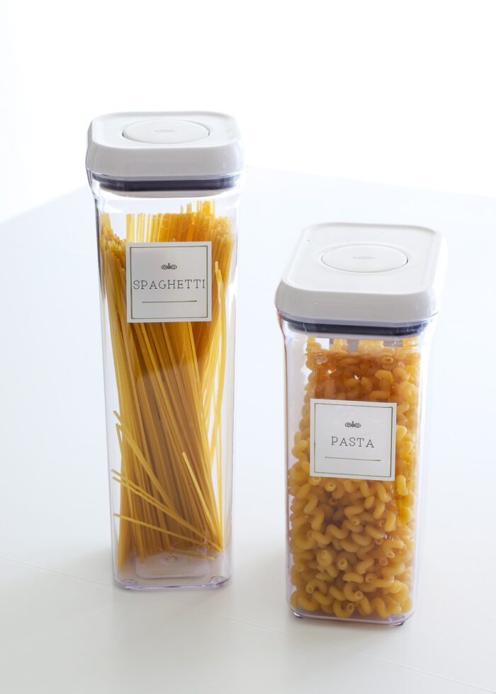 Pasta containers with Cricut-made pantry labels
