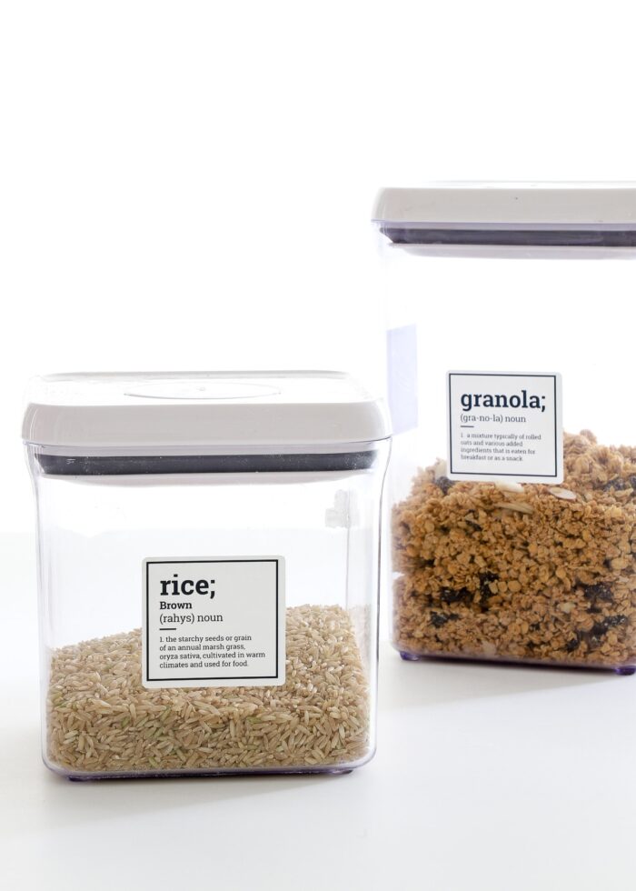 Rice and granola canisters with printed labels