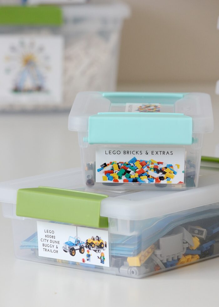 Small Sterilite Snap-Lid Boxes holding LEGO bricks